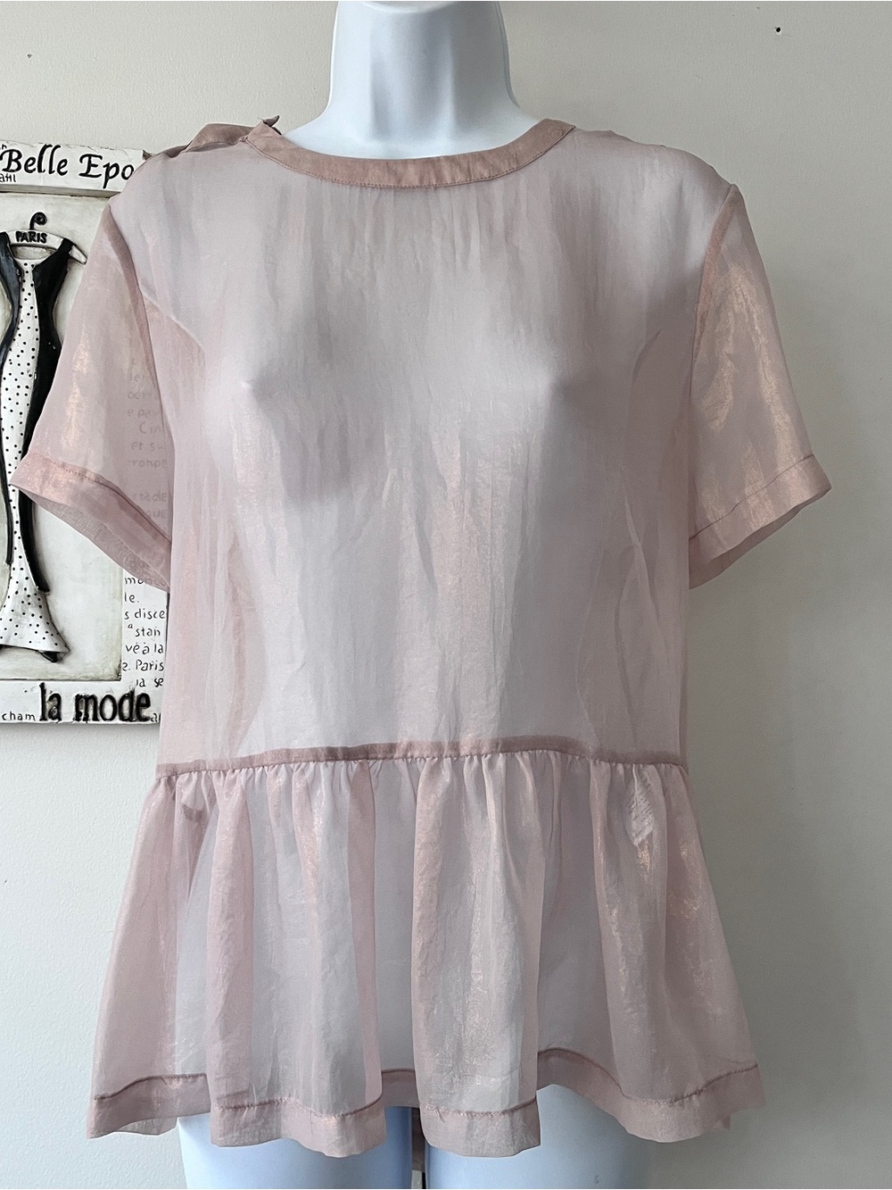 Kimchi Blue Sheer Metallic Blush Short-Sleeve Peplum Top Size L